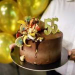 Birthday cake with candles on balloons background.