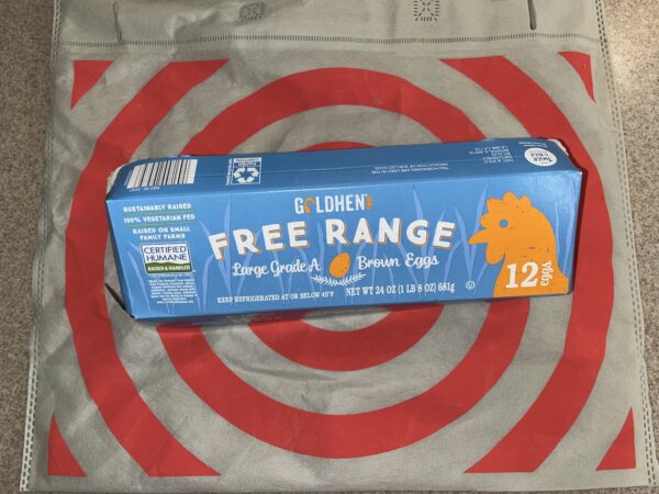 free range eggs on target bag