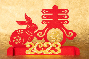 Chinese New Year of Rabbit mascot paper cut on golden background translation of the Chinese words are fortune and springtime no logo no trademark