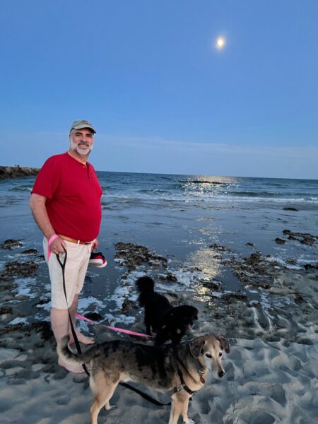 moonrise with dogs on wells beach
