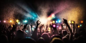 Concert Goers with Hands Up and Dazzling Lights, generative ai