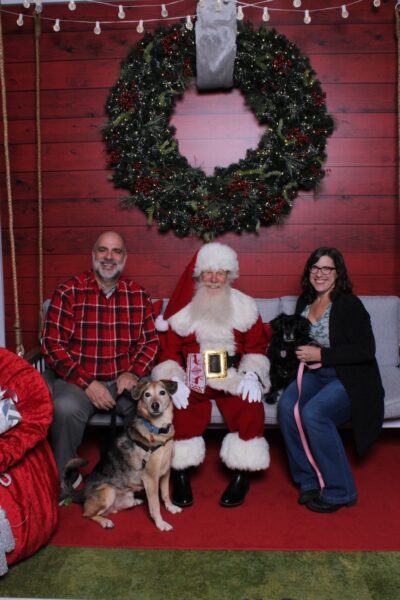 photo of dogs with santa sadie blending into my sweater