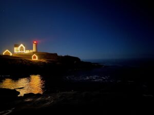 nubble light house at night lit up for christmas