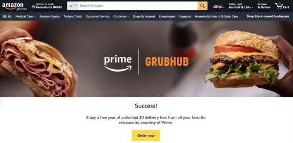 amazon prime grubhub deal confirmation page