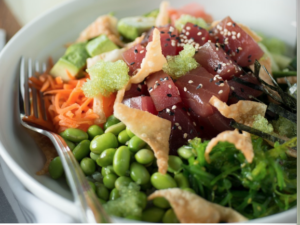 The Poke Bowl from the Boathouse in Kennebunk features fresh tuna and vegetables topped with crispy croutons.