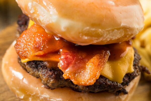 Homemade Donut Cheeseburger with Fries and Beer