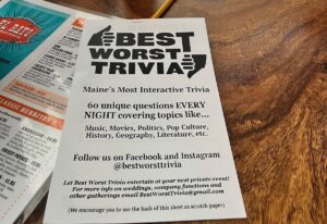 Menu for Best Worst Trivia on a table.
