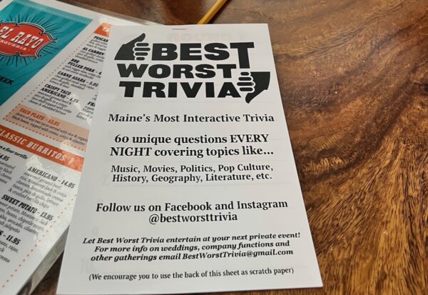 Menu for Best Worst Trivia on a table.