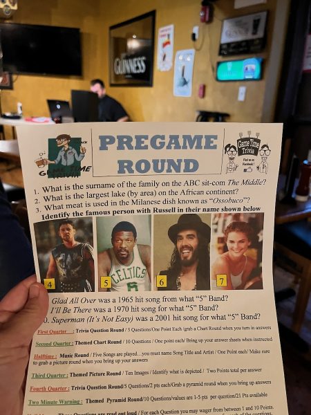 Pregame round sheet from Raise the Bar trivia.