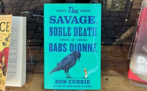 Blue green book cover in bookshop window.