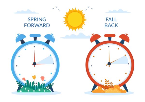 Daylight Savings Time Hand Drawn Flat Cartoon Illustration with Alarm Clock or Calendar from Summer to Spring Forward Design.