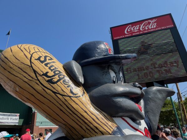 Portland Sea Dogs mascot outside Hadock Field stadium.